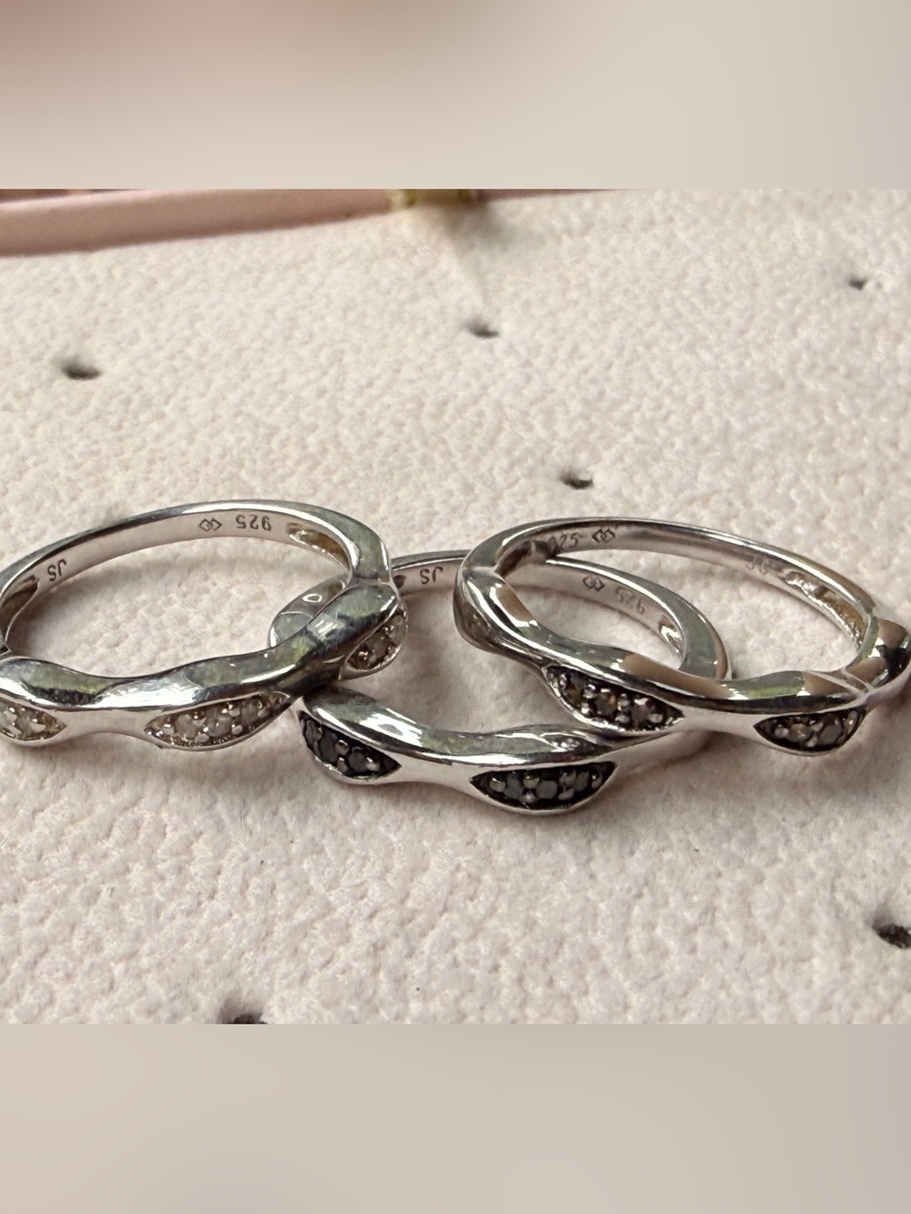 Natural Diamond Champagne, White, and Black Stackable ring set
